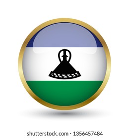 Golden round button national flag of Lesotho with the reflection of light and shadow. Icon country. Realistic vector illustration.