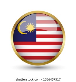 Golden round button national flag of Malaysia with the reflection of light and shadow. Icon country. Realistic vector illustration.