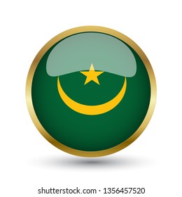 Golden round button national flag of Mauritania with the reflection of light and shadow. Icon country. Realistic vector illustration.