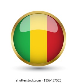 Golden round button national flag of Mali with the reflection of light and shadow. Icon country. Realistic vector illustration.