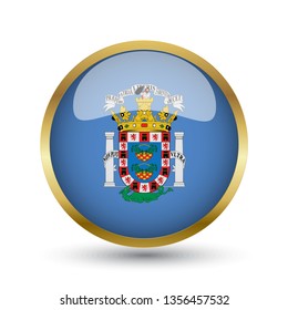 Golden round button national flag of Melilla with the reflection of light and shadow. Icon country. Realistic vector illustration.