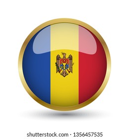 Golden round button national flag of Moldova with the reflection of light and shadow. Icon country. Realistic vector illustration.