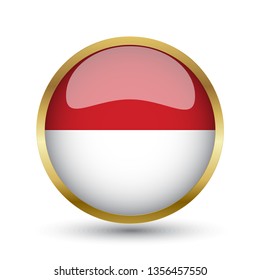 Golden round button national flag of Monaco with the reflection of light and shadow. Icon country. Realistic vector illustration.