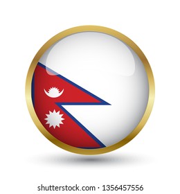 Golden round button national flag of Nepal with the reflection of light and shadow. Icon country. Realistic vector illustration.