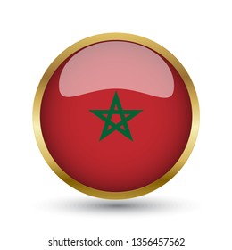 Golden round button national flag of Morocco with the reflection of light and shadow. Icon country. Realistic vector illustration.