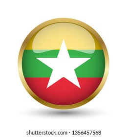 Golden round button national flag of Myamar with the reflection of light and shadow. Icon country. Realistic vector illustration.