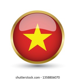 Golden round button national flag of Vietnam with the reflection of light and shadow. Icon country. Realistic vector illustration.