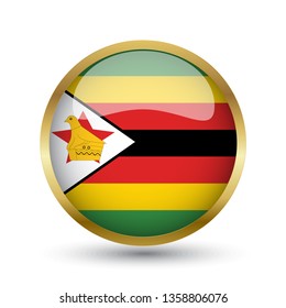 Golden round button national flag of Zimbabwe with the reflection of light and shadow. Icon country. Realistic vector illustration.