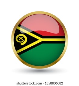 Golden round button national flag of Vanuatu with the reflection of light and shadow. Icon country. Realistic vector illustration.