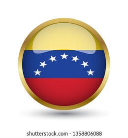 Golden round button national flag of Venezuela with the reflection of light and shadow. Icon country. Realistic vector illustration.