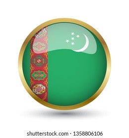 Golden round button national flag of Turkmenistan with the reflection of light and shadow. Icon country. Realistic vector illustration.