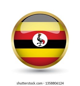 Golden round button national flag of Uganda with the reflection of light and shadow. Icon country. Realistic vector illustration.