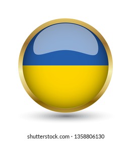 Golden round button national flag of Ukraine with the reflection of light and shadow. Icon country. Realistic vector illustration.