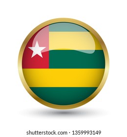 Golden round button national flag of Togo with the reflection of light and shadow. Icon country. Realistic vector illustration.