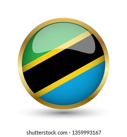 Golden round button national flag of Tanzania with the reflection of light and shadow. Icon country. Realistic vector illustration.