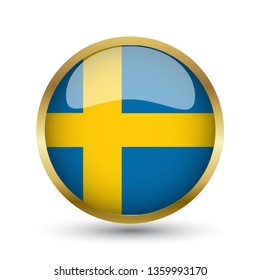 Golden round button national flag of Sweden with the reflection of light and shadow. Icon country. Realistic vector illustration.