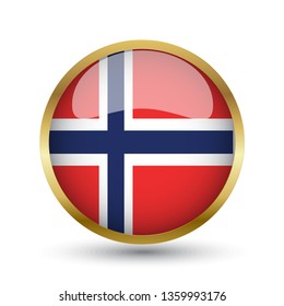 Golden round button national flag of Norway with the reflection of light and shadow. Icon country. Realistic vector illustration.