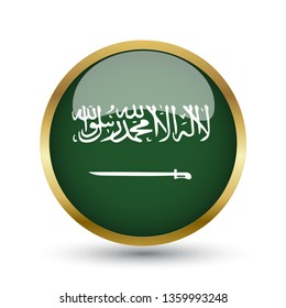 Golden round button national flag of Saudi Arabia with the reflection of light and shadow. Icon country. Realistic vector illustration.