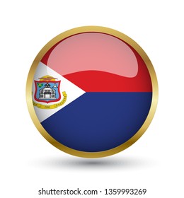 Golden round button national flag of Sint Maarten with the reflection of light and shadow. Icon country. Realistic vector illustration.