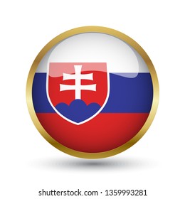 Golden round button national flag of Slovakia with the reflection of light and shadow. Icon country. Realistic vector illustration.
