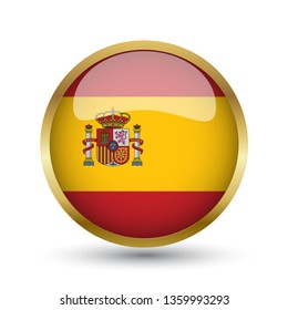Golden round button national flag of Spain with the reflection of light and shadow. Icon country. Realistic vector illustration.
