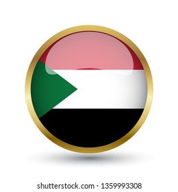 Golden round button national flag of Sudan with the reflection of light and shadow. Icon country. Realistic vector illustration.