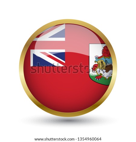 Golden round button national flag of Bermuda with the reflection of light and shadow. Icon country. Realistic vector illustration.