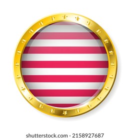 Golden round button with red stripes and stars. Golden badge.