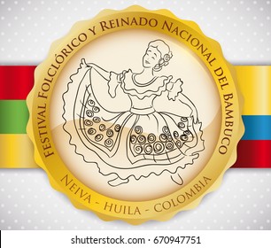 Golden round button with traditional Bambuco dance display performed by a beautiful woman at the Bambuco Pageant and Folkloric Festival (written in Spanish) with the flags of Neiva City and Colombia.