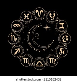 golden round calendar with zodiac signs