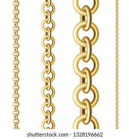 Golden round chains in different sizes in a vertical position on a white isolated background