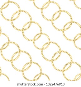 Golden round chains fahion seamless pattern isolated on white background. Gold diagonal repeat background with jewelry for textile prints, wallpapers, wrapping, silk shawls.