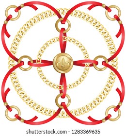 Golden round chains and red ribbons medalion pattern. Fashion luxury gold background with jewelry for textile prints, wallpapers, wrapping, silk shawls, tiles.