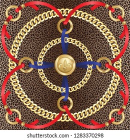 Golden round chains and ribbon seamless pattern on leopard background. Fashion luxury gold and animal background with jewelry for textile prints, wallpapers, wrapping, silk shawls, tiles.