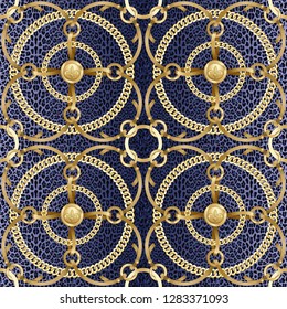 Golden round chains and ribbon seamless pattern on blue leopard background. Fashion luxury gold and animal background with jewelry for textile prints, wallpapers, wrapping, silk shawls, tiles.