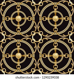 Golden round chains and ribbon seamless pattern on black background. Fashion luxury gold background with jewelry for textile prints, wallpapers, wrapping, silk shawls, tiles.