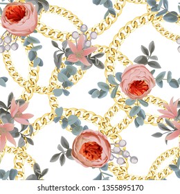 Golden Round Check Seamless Pattern with Flowers.