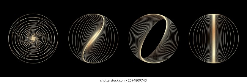 Golden round circle elements in line art style. Abstract gradient geometric shapes