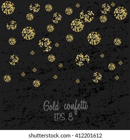 Golden round confetti. Golden circles on a dark textural background. Vector background