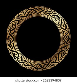 Golden Round Decorative Frame Vector with Ethnic and Celtic Ornament on Black Background for Elegant Designs and Branding Projects