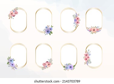 Golden round ellipse arch with watercolor floral bouquet element. Set of watercolor flower frame.