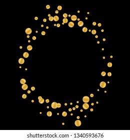 Golden round falling confetti. Festive gold foil frame on black background.
