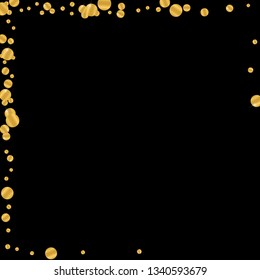 Golden round falling confetti. Festive gold foil frame on black background.