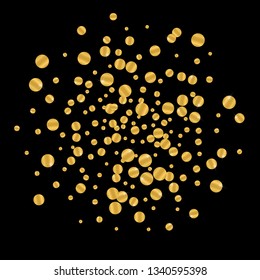 Golden round falling confetti. Festive gold foil on black background.
