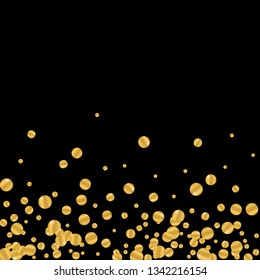 Golden round falling confetti. Festive gold foil on black background.