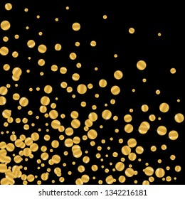 Golden round falling confetti. Festive gold foil on black background.