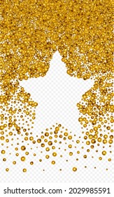 Fondo transparente vectorial de la ronda dorada. Postal brillante. El telón de fondo de la Navidad Gold Rain. Invitación brillante de Confetti.