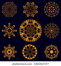 Golden round floral ornaments on dark background. Set. Vector illustration