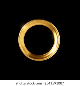 Golden round frame. 3d icon. Shiny metal medal or circle. Wedding ring. Blank badge. Simple geometric shape. Decorative design element. Vector realistic illustration, isolated on black background.