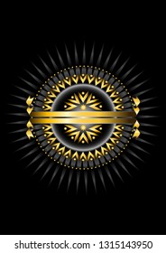 Golden round frame of round beads with an oval of golden arrows and stars on a black background with silver rays and a double gold ribbon




